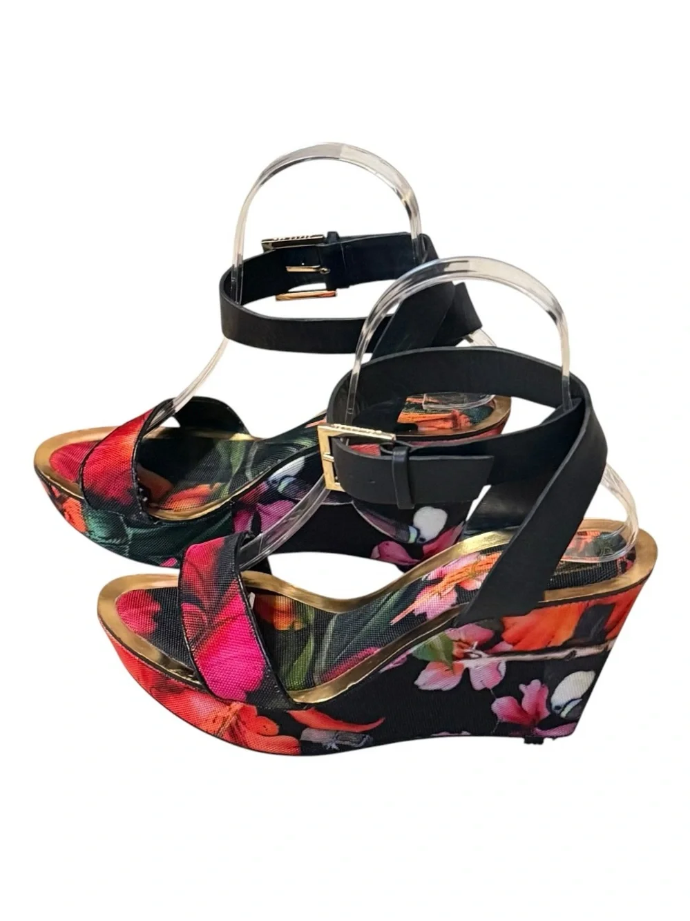 Ted Baker Floral Print Black Wedge Sandals with Ankle Strap - Picture 2 of 10